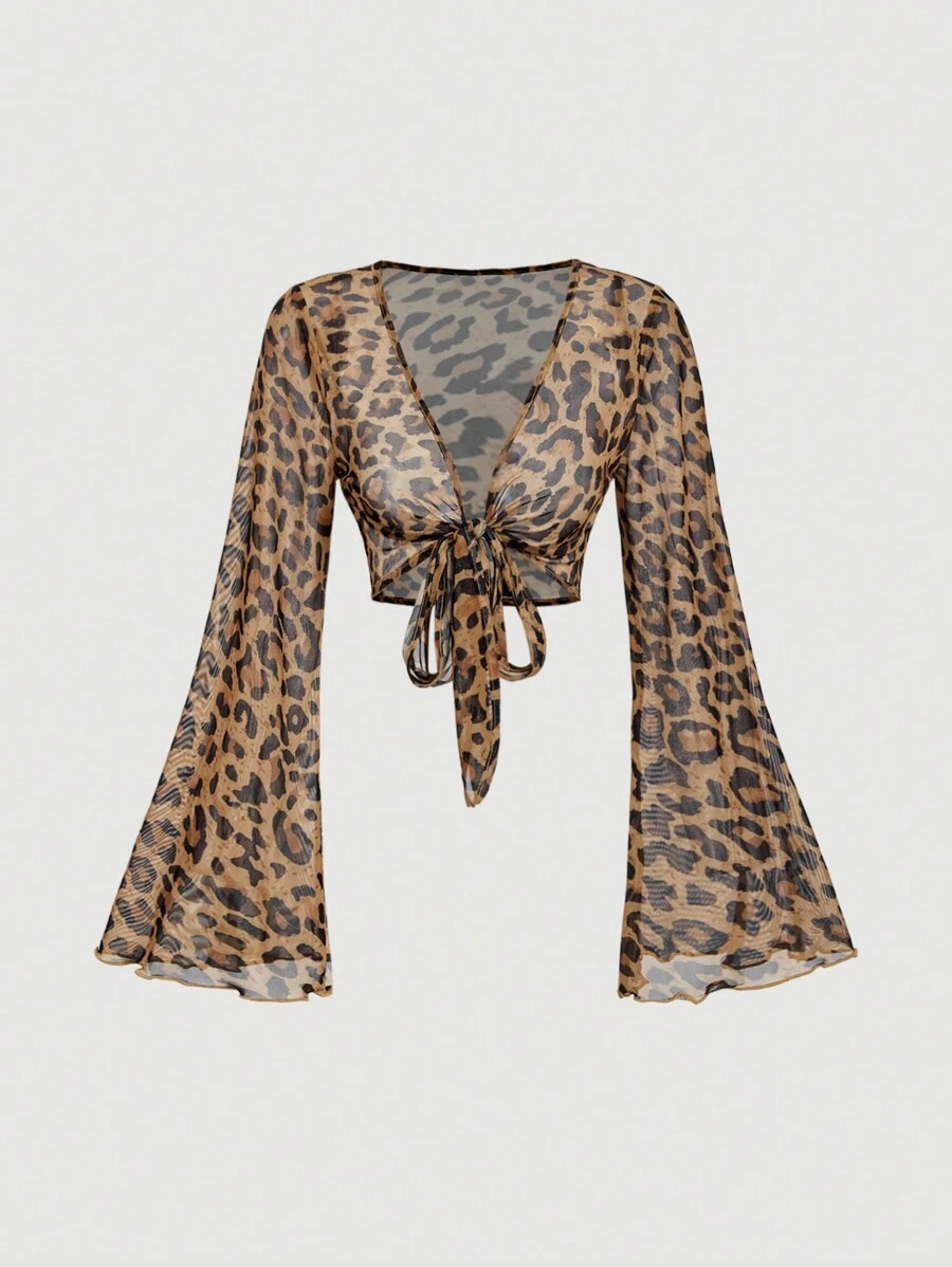 SHEIN MOD Women's Leopard Print Tie Front Long Sleeve Cropped Top,Concert Women Outfit,Hollowed Costumes,Cat Woman Costume,Leopard Costume,Leopard Top,Fall Women Outfits,Long Sleeve Mesh Top,Devil Costume,Hippie Clothes,Sexy Women Tops - Multicolor - View 1