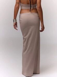 MUSERA Ruched Low Waist Maxi Skirt Elegant Spring Summer Sexy Party Vacation - Light Grey - View 2