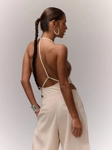 MUSERA Extreme Plunge Neck Strappy Bodysuit Sleeveless Halter Open Back Sexy Club Date Night Out Rave Concert Autumn Winter Fall Sales Clearance - Beige - View 2