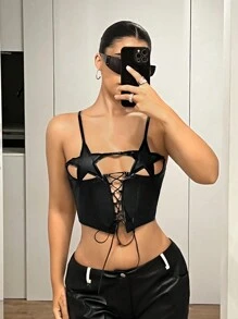 SHEIN ICON 合身款式五角星胸围交叉带装饰女式背心 - 黑色 - 查看 4