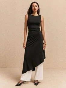 Poéselle Robe midi évasée sans manches à col ras-du-cou unie pour femmes, vêtement chic et essentiel sans effort, élégante Bridgerton