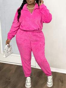 Slaydiva 休闲秋冬两件套大码女士套装：纯色毛绒短款连帽衫和裤子