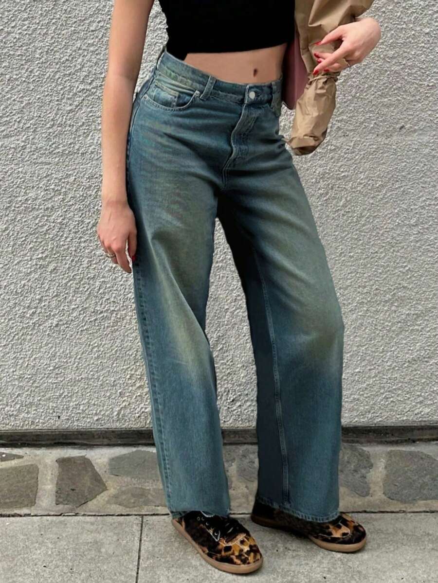 MYOURSA Quần jeans nữ ống đứng cạp thấp, dáng rộng, thoải mái, thích hợp mặc đi làm và hàng ngày. - Rửa trung bình - Xem 1