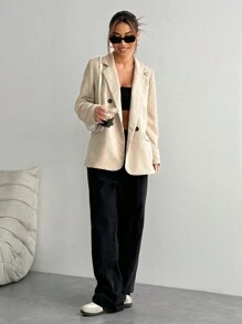 SHEIN Unity French Style Solid Color Double Breasted Long Sleeve Blazer Fall Cloth For Women - Apricot - View 4