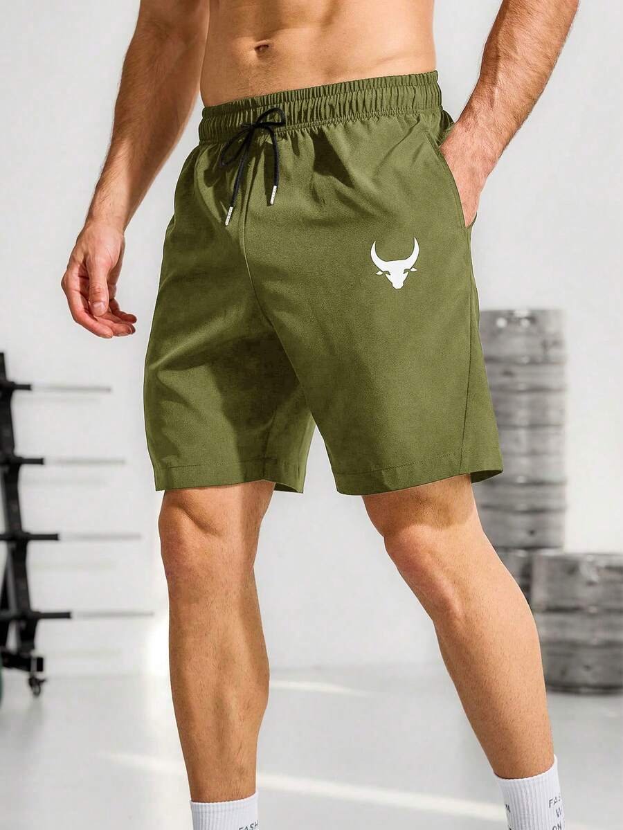 Manfinity Sport Corelite Quần short thể thao cạp rút họa tiết bò đực phong cách bạn trai dành cho nam - xanh quân đội - Xem 1