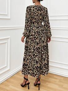 EURMUSE WHITE POLKADOT PRINT LANTERN SLEEVE BELTED LONG DRESS - Green - View 2