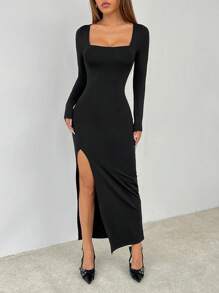 SHEIN PETITE Đầm dài tay xẻ cao màu trơn màu đen cho nữ - màu đen - Xem 4