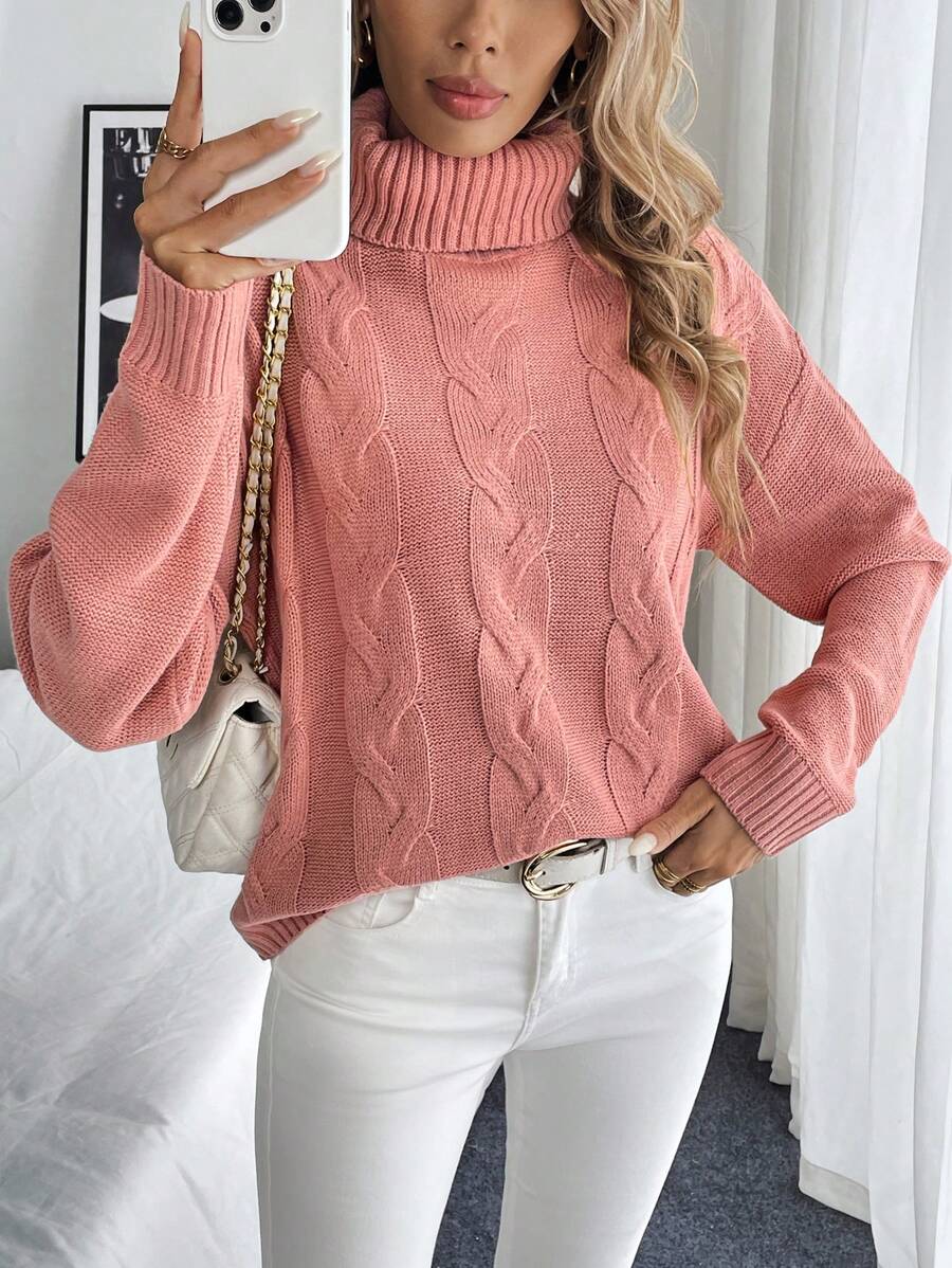 SHEIN LUNE 女式高领纯色 Cablekint 宽松毛衣，秋冬款 - 珊瑚粉 - 查看 1
