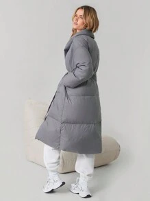 SHEIN EZwear Women's Long Sleeve Simple Solid Deep Gray Quilted Feathers& Down Jacket - Dark Grey - View 4