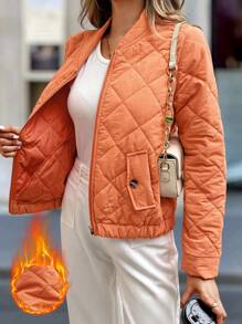 SHEIN LUNE Women's Zip-Up Diamond Pattern Textured Long Sleeve Pocket Casual Everyday Popular Jacket Fall Winter Cloth For Women - Coral Orange - View 6