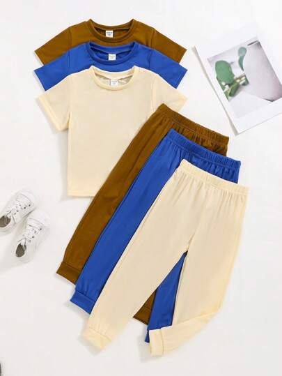 SHEIN 6pcs/Set Young Girls Casual Comfy Multicolor Crew Neck Short Sleeve Top & Sweatpants Set