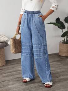 SHEIN LUNE 女士松紧腰口袋阔腿宽松休闲百搭牛仔裤 - 藍色 - 查看 1