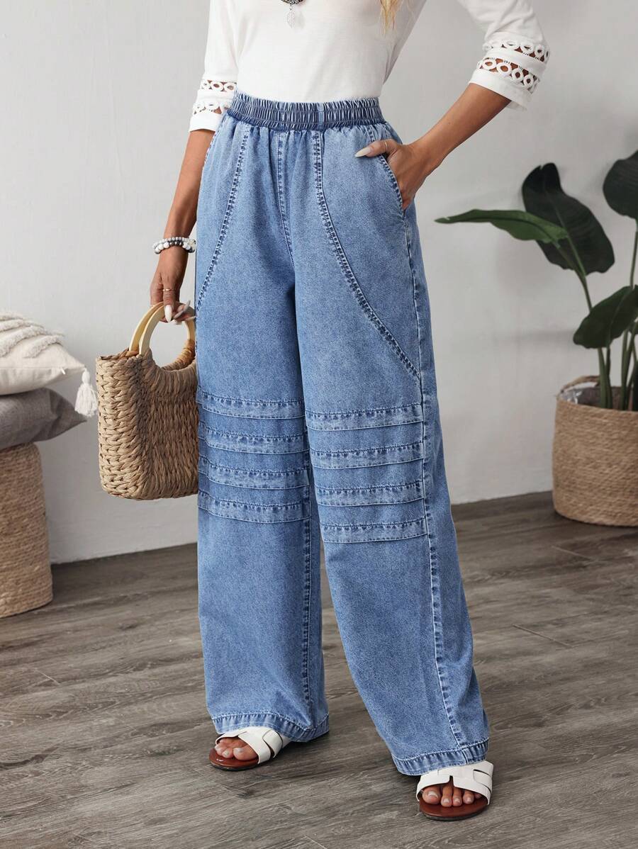 SHEIN LUNE 女士松紧腰口袋阔腿宽松休闲百搭牛仔裤 - 藍色 - 查看 1