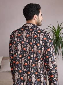 Manfinity ChillVibe 2pcs Men's Lapel Neck All-Over Print Long Sleeve Top And Pants Loungewear Set - Multicolor - View 8