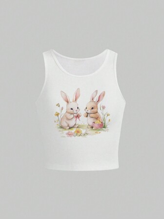 Kawaii Haut Court Sans Manches Décontracté Et Mignon Avec Un Design De Lapin Et De Nœud Papillon, Ajusté Et Cintré À La Taille, Été