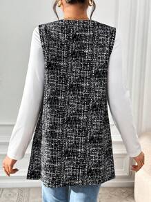 SHEIN Essnce 秋冬女士纽扣式无袖休闲日常开衫 - 黑色 - 查看 2