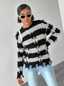 SHEIN Explorewe كنزة صوفية مصنوعة يدويًا للفتيات المراهقات بخطوط متعددة الألوان وحواف مهترئة، للخروجات - الأسود - مشاهدة 5