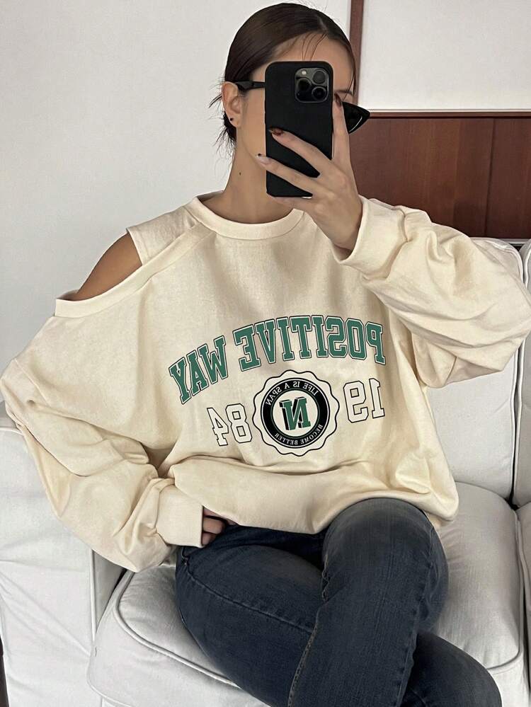 Women's Round Neck Open Shoulder Long Sleeve Simple Letter Print Casual Sweatshirt,Fall Clothes