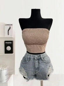 Chiquease Women's Casual One-Piece Shirred Fitted Top With Removable Honeycomb Breathable Padding - Coffee Brown - View 7