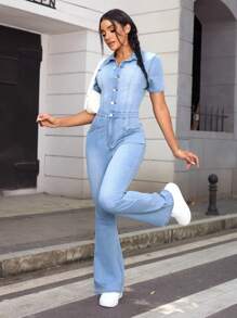 SHEIN EZwear Bộ đồ liền thân denim ống loe ôm vừa vặn mùa hè cho nữ - Rửa nhẹ - Xem 1