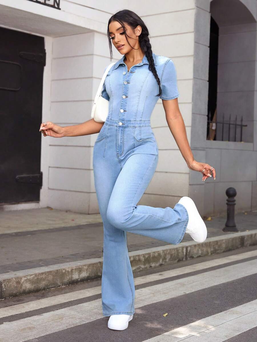 SHEIN EZwear Bộ đồ liền thân denim ống loe ôm vừa vặn mùa hè cho nữ - Rửa nhẹ - Xem 1