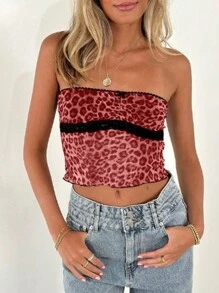 INAWLY Women's Sexy Leopard Lace Mesh Print Sheer Blouse - Red - View 4