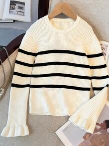 Tween Girls' Casual Crew Neck Long Sleeve Striped Knit Sweater, Autumn/Winter,Great For Casual & Daily Wear & School Daily,College Style, Back-To-School,Party - Black and White - View 1