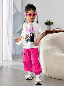 SHEIN Explorewe 2 件装年轻女孩街头风格肖像印花超大 T 恤和工装裤嘻哈服装 - 玫紅色 - 查看 5