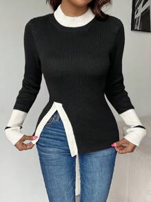 Chiquease Áo len chui đầu dài tay màu tương phản cho nữ có viền xẻ, mùa thu/đông - Đen và trắng - Xem 5