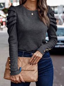 SHEIN Clasi Women's Solid Color Crew Neck Long Sleeve Ruched Minimalist T-Shirt, Casual Daily Wear - Dark Grey - View 6