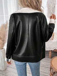 SHEIN LUNE Women Casual Solid PU & Fuzzy Lining Jacket, Autumn & Winter - Black and White - View 2