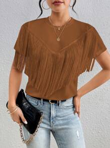 Chiquease Plain Round Neck Tassel Casual Short Sleeve T-Shirt