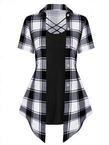 SHEIN LUNE Plus Plaid Print Crisscross Front 2 In 1 Tee Graphic Tees Women Tops