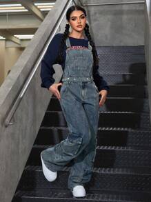 SHEIN EZwear 女士宽松工装口袋直筒工装裤牛仔连体裤 - 藍色 - 查看 6