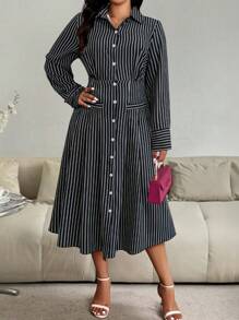 SHEIN Clasi Plus Size Women's Spring/Summer Striped Long Sleeve Single-Breasted Casual Shirt Dress