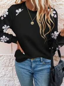 SHEIN LUNE Gray Floral Printed Raglan Sleeve Sweatshirt, Casual Autumn Pullover Fall - Black - View 1