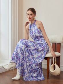 MOTF PREMIUM 全身印花系带露背连衣裙 - 藍色 - 查看 2