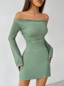 SHEIN PETITE 网眼鼠尾草色开心果色性感露肩褶皱女式迷你短款小 A 字下摆女式连衣裙