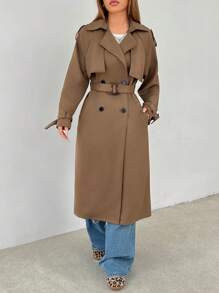SHEIN PETITE Brown Woven Women's Trench Coat Suitable For Autumn And Winter - Brown - View 6