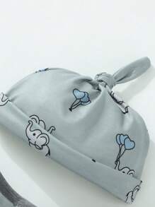 SHEIN 新生儿大象印花舒适中性长袖连帽连体衣套装，秋季 - 灰色 - 查看 5