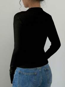 Selianne 女士休闲翻领喇叭袖修身开衫，秋季，长袖上衣 - 黑色 - 查看 2