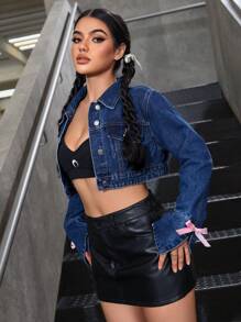 SHEIN EZwear 女士纽扣式长袖时尚街头风格短款牛仔夹克 - 深色水洗藍 - 查看 1