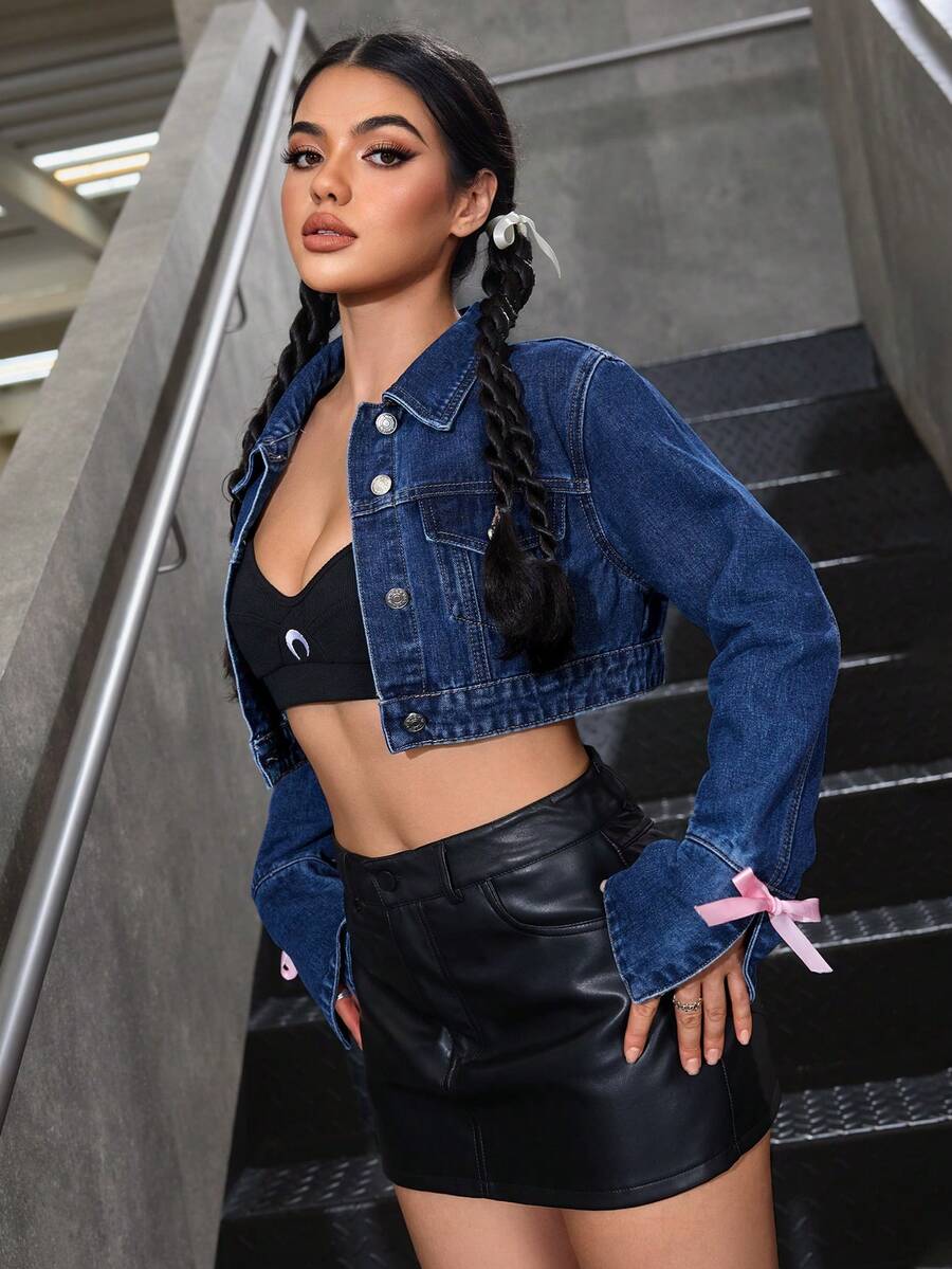 SHEIN EZwear 女士纽扣式长袖时尚街头风格短款牛仔夹克 - 深色水洗藍 - 查看 1