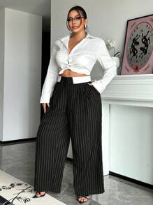 SHEIN SXY 大码女式条纹撞色腰带宽松休闲阔腿裤 - 紅白色 - 查看 6