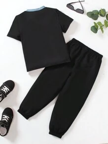 SHEIN Genkimix Kids 2pcs/Set Young Boys Color Block Round Neck Short Sleeve T-Shirt And Comfortable Color Block Loose Straight Leg Pants, Spring Summer Casual Outfit - Multicolor - View 2