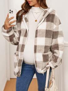 SHEIN 孕妇连帽拉链长袖格子休闲日常夹克 - 卡其色 - 查看 5