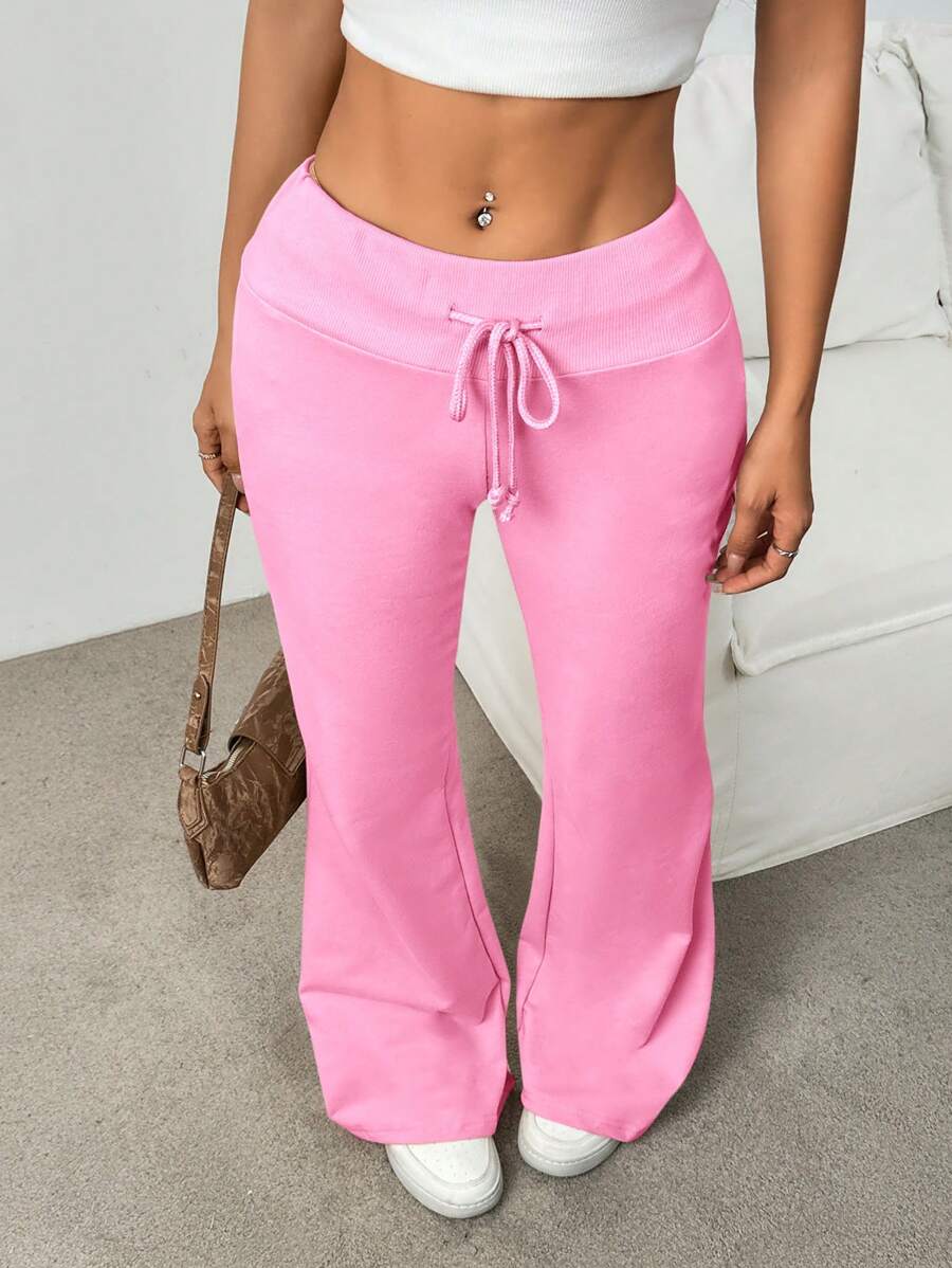 SHEIN EZwear Drawstring Waist Flare Leg Sweatpants - Pink - View 1