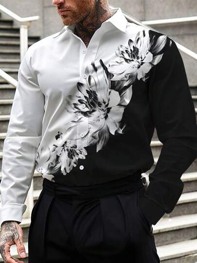 Manfinity Roughcore 男士花卉图案印花长袖商务休闲衬衫，春夏装，老公装，工作装，秋季装
