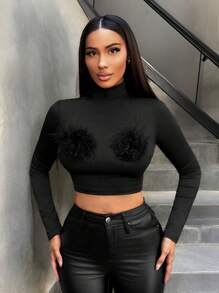 Zolique Women's Solid Color Feather Decorated High Collar Long Sleeve T-Shirt Fall Cloth For Women - Black - View 5