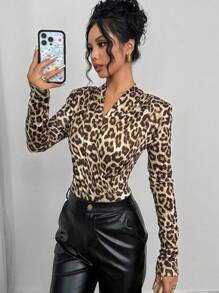 SHEIN Privé Bộ đồ liền thân dài tay xếp nếp họa tiết da báo thanh lịch dành cho nữ - màu nâu - Xem 5